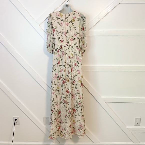 ML Monique Lhuillier Floral Print Pleated Chiffon Puff Sleeve Cutout Maxi Gown 2 - Picture 9 of 11